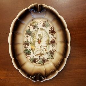 Vintage Currier & Ives Small Oval Ashtray Brown Winter Scene Very Pretty VGC